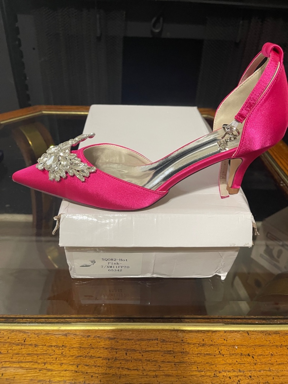 Badgley Mischka Hot Pink Satin Pointed D'Orsay Heels with Crystal Brooch